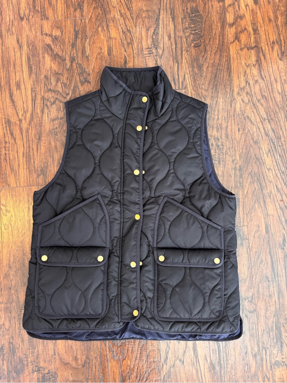 J. Crew Signature Puffer Black Quilted Vest with Gold-Tone Snaps Large
